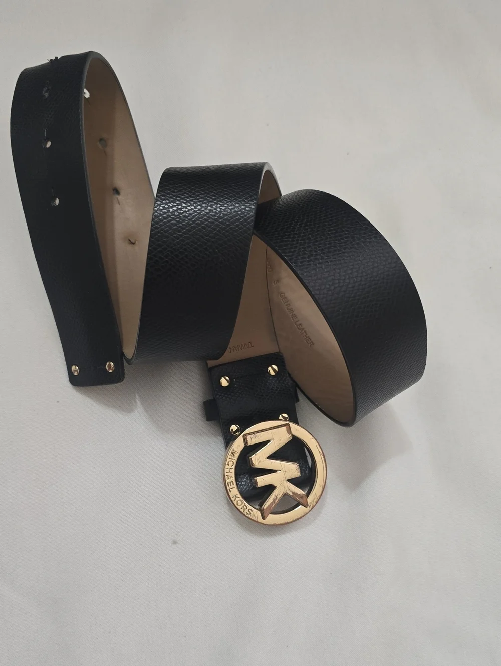 Michael Kors Black Pebbled Leather Women's Belt with Gold MK Round Buckle S